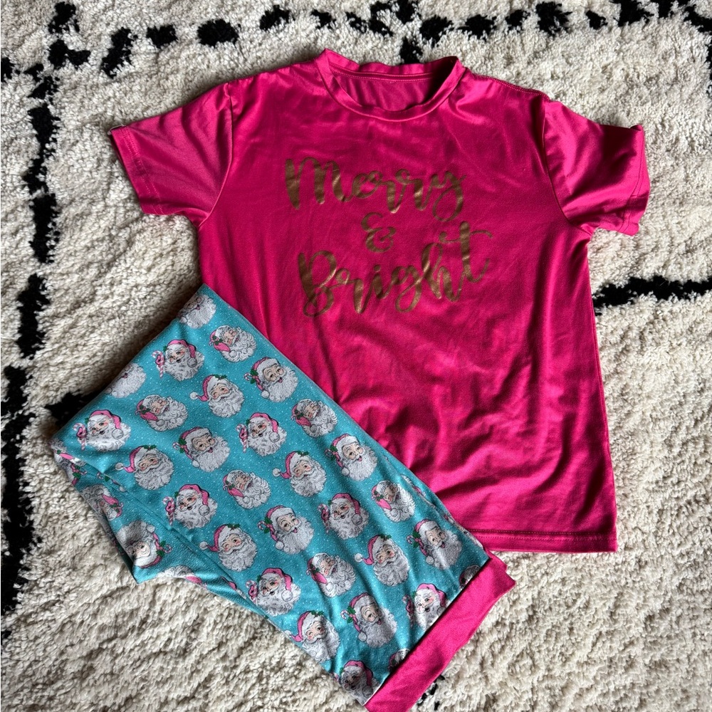 Kids Merry & Bright Pink and Teal Holiday Pajama Set